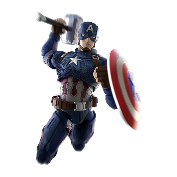 Captain America action figure posed mid-lunge with shield and hammer, on a plain white background.