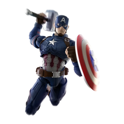 Captain America action figure posed mid-lunge with shield and hammer, on a plain white background.