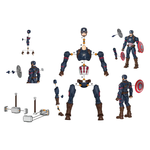 Disassembled superhero action figure with parts on a white background