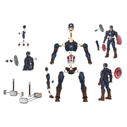 Disassembled superhero action figure with parts on a white background