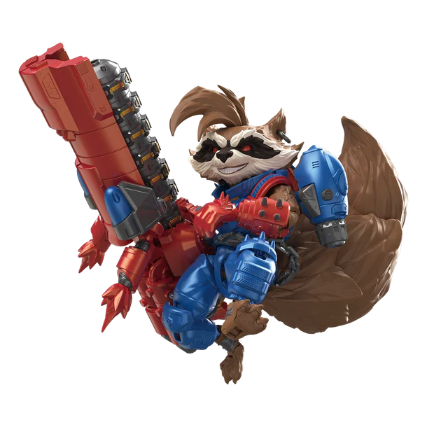 Toy figure of a raccoon character with red and blue armor on a white background