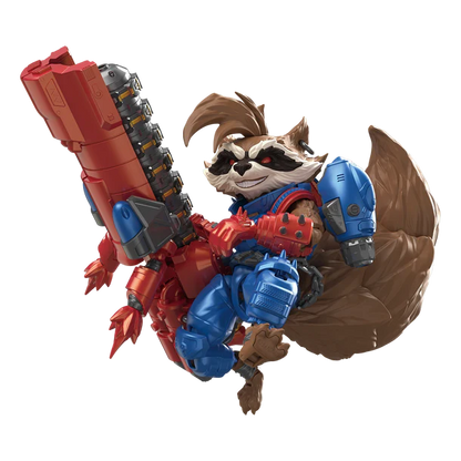 Toy figure of a raccoon character with red and blue armor on a white background