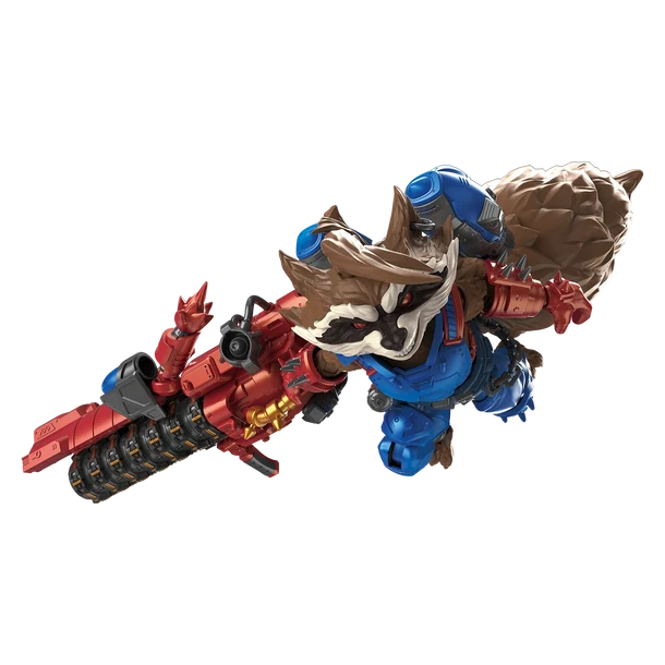 A stylized collectible figure of Rocket Raccoon from Marvel, shown in a dynamic action pose holding a large red and black weapon. The figure features blue armor, brown fur, and a black-and-white snout, isolated on a solid white background.