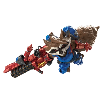 A stylized collectible figure of Rocket Raccoon from Marvel, shown in a dynamic action pose holding a large red and black weapon. The figure features blue armor, brown fur, and a black-and-white snout, isolated on a solid white background.
