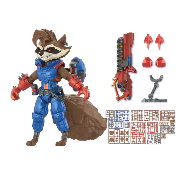 A toy action figure of Rocket Raccoon in blue and red armor with a brown tail, shown on a white background alongside interchangeable parts, a weapon, and a sheet of small accessories.