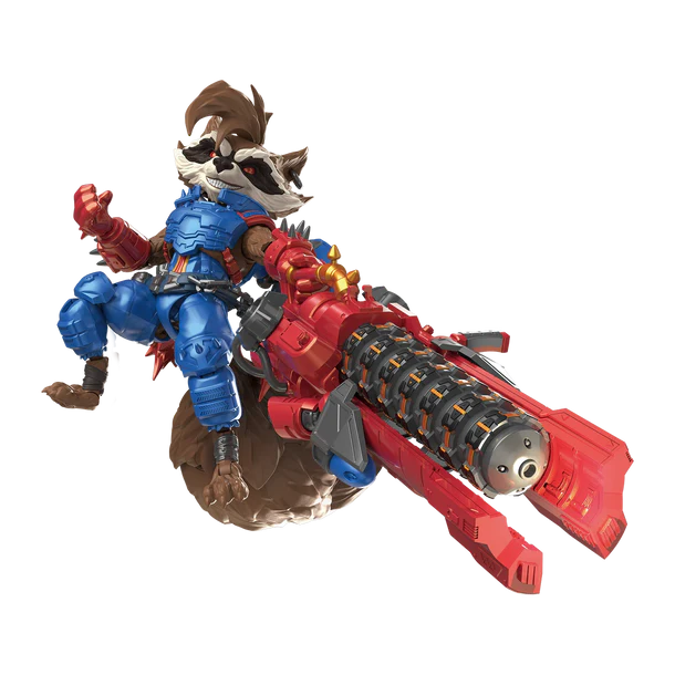 Toy figure of a character on a red vehicle with a white background