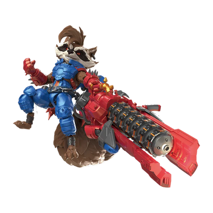 Toy figure of a character on a red vehicle with a white background