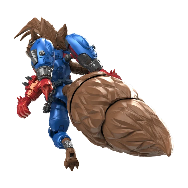 Action figure with blue and red armor and brown hair on a white background