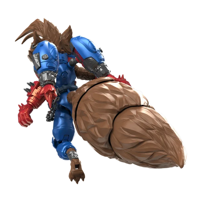 Action figure with blue and red armor and brown hair on a white background