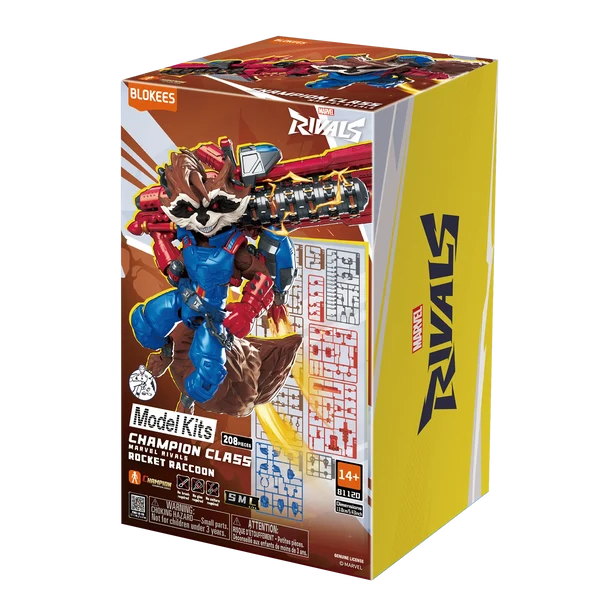 A retail box for a Marvel Rivals model kit featuring Rocket Raccoon as Champion Class Rocket Battalion. The packaging is yellow and brown with a detailed illustration of Rocket in blue and red armor, alongside a small instruction chart.
