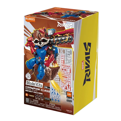 A retail box for a Marvel Rivals model kit featuring Rocket Raccoon as Champion Class Rocket Battalion. The packaging is yellow and brown with a detailed illustration of Rocket in blue and red armor, alongside a small instruction chart.