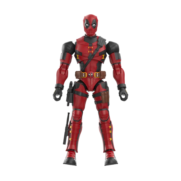 Action figure in a red and black costume on a white background