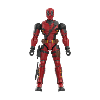 Action figure in a red and black costume on a white background
