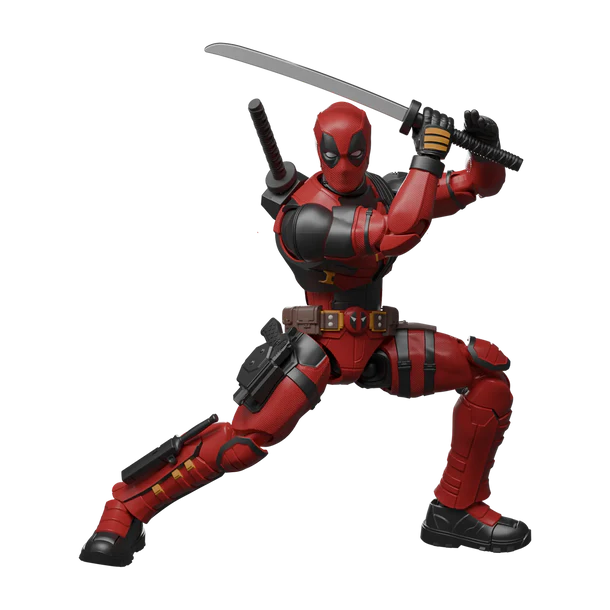 Action figure of a superhero in red and black costume with a sword on a white background