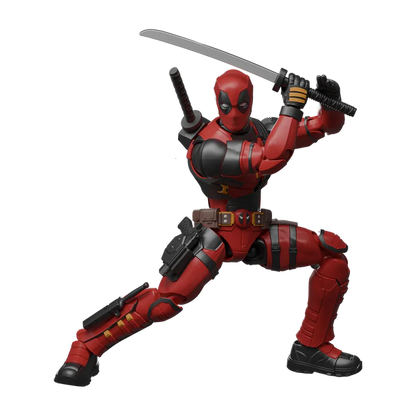 Action figure of a superhero in red and black costume with a sword on a white background