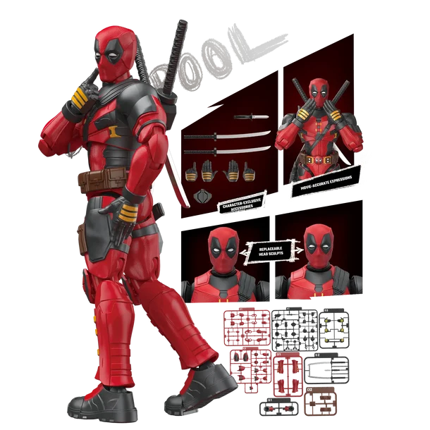 Deadpool action figure with accessories on a white background