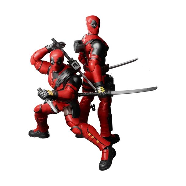 Two Deadpool action figures in red and black suits with swords on a white background