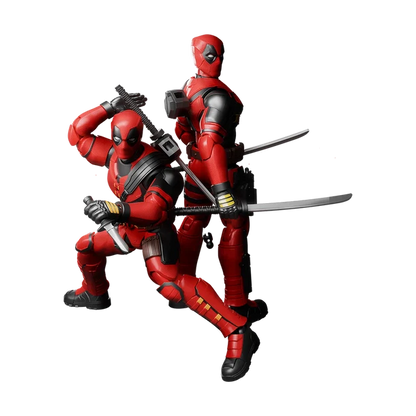 Two Deadpool action figures in red and black suits with swords on a white background