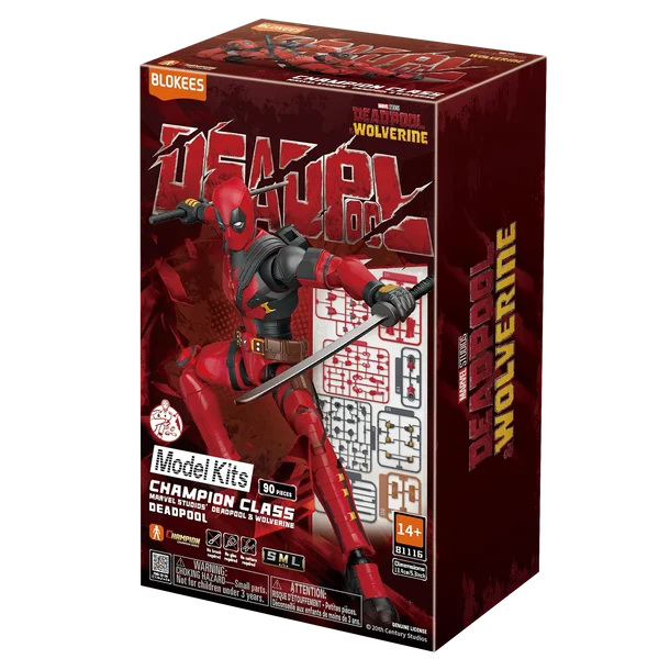 Blokees Deadpool Champion Class Model Kit box, featuring a red and black Deadpool figure illustration on the front, with Marvel and SML logos visible on the packaging.