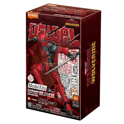 Blokees Deadpool Champion Class Model Kit box, featuring a red and black Deadpool figure illustration on the front, with Marvel and SML logos visible on the packaging.