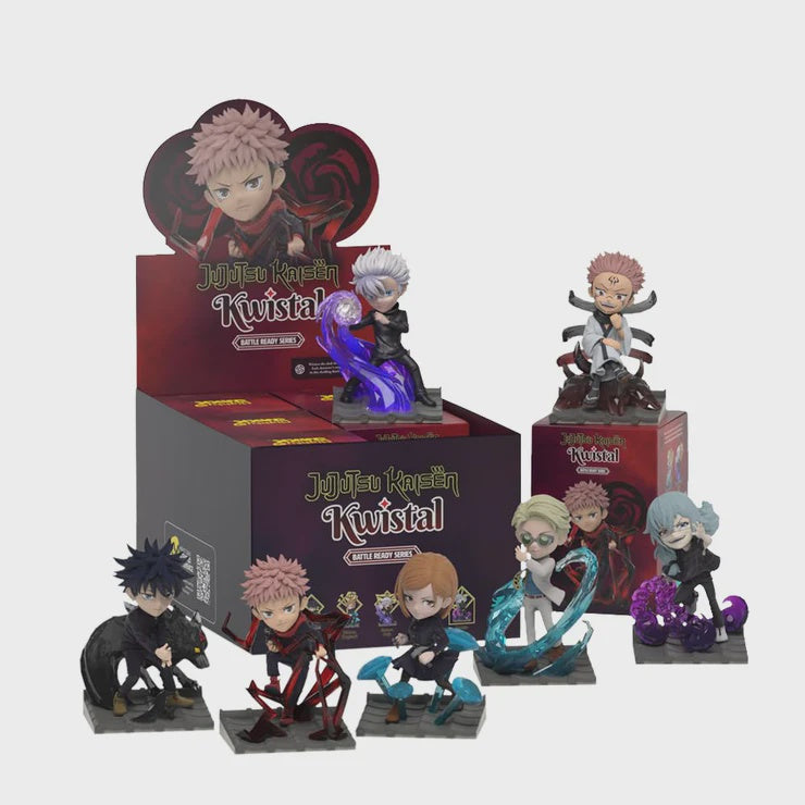 Collection of 'Jujutsu Kaisen' figurines with a display box on a white background
