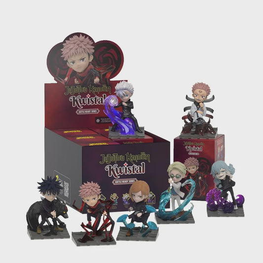 Collection of 'Jujutsu Kaisen' figurines with a display box on a white background