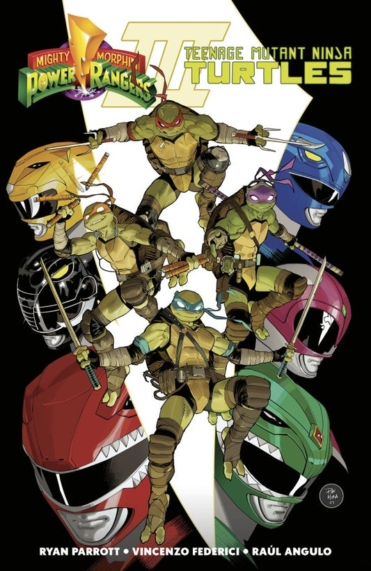 Collage of Power Rangers and Teenage Mutant Ninja Turtles characters with colorful helmets.