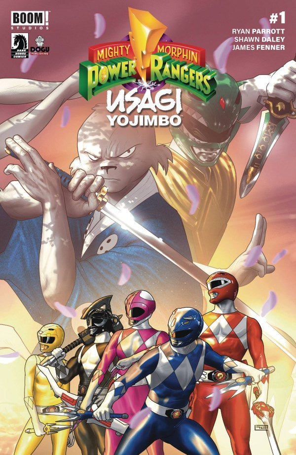 Comic book cover featuring Power Rangers and Usagi Yojimbo with a colorful background.