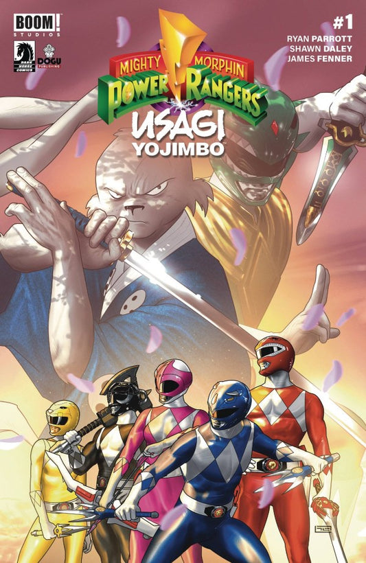 Comic book cover featuring Power Rangers and Usagi Yojimbo with a colorful background.
