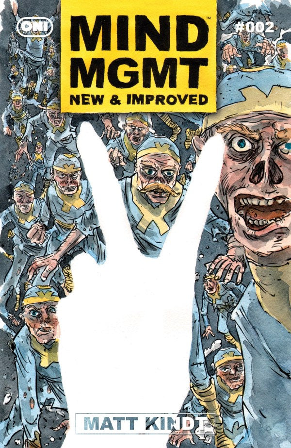 Comic book cover of 'Mind Mgmt New & Improved' with a central character and multiple smaller versions of themselves.