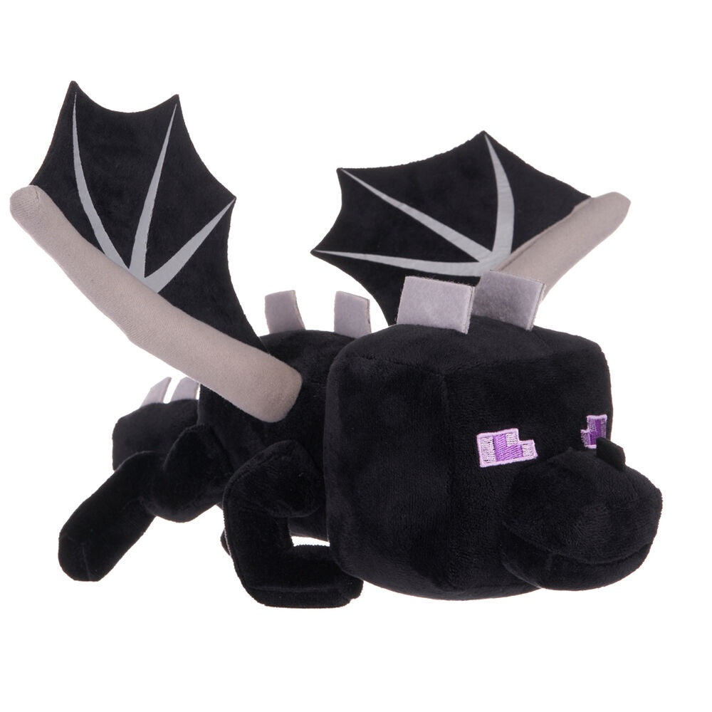 Black plush toy with wings on a white background