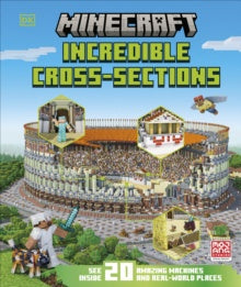Front cover of the Minecraft Incredible Cross-Sections set, showing a colorful cross-section illustration of a large stadium-like structure with labeled architectural details and the Minecraft logo at the top.