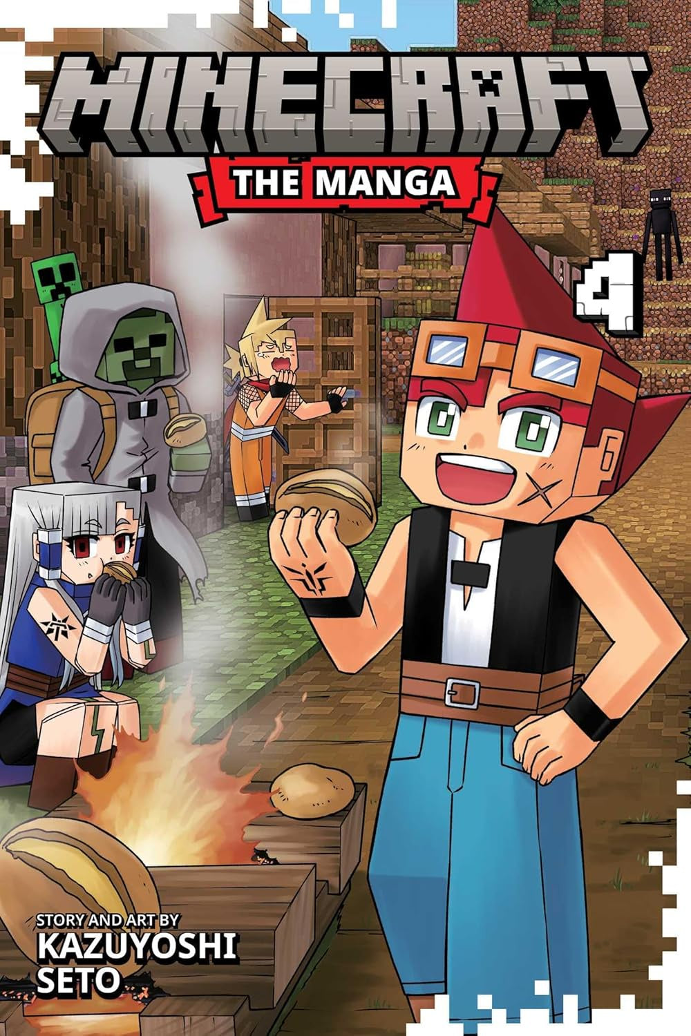 Minecraft manga book cover with characters and pixelated design