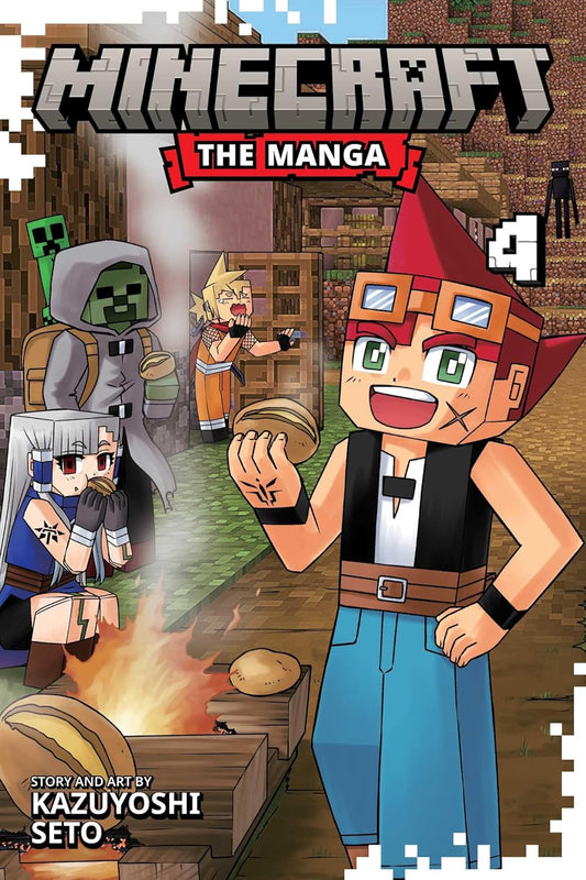 Minecraft manga book cover with characters and pixelated design