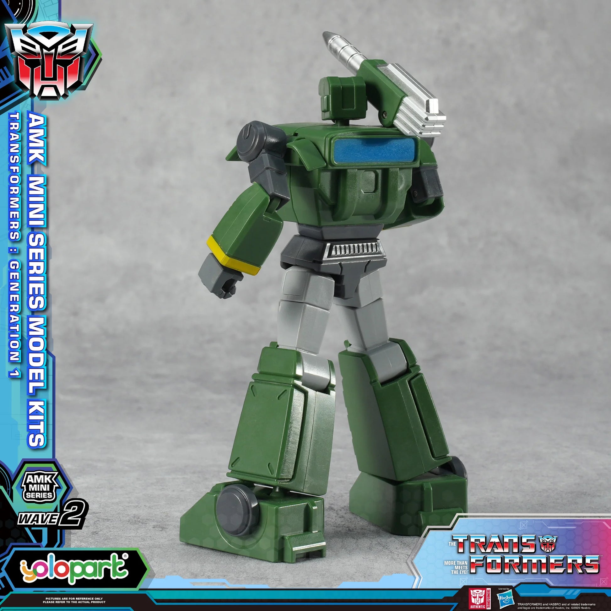 Transformers model kit with branding and product details on a gray background