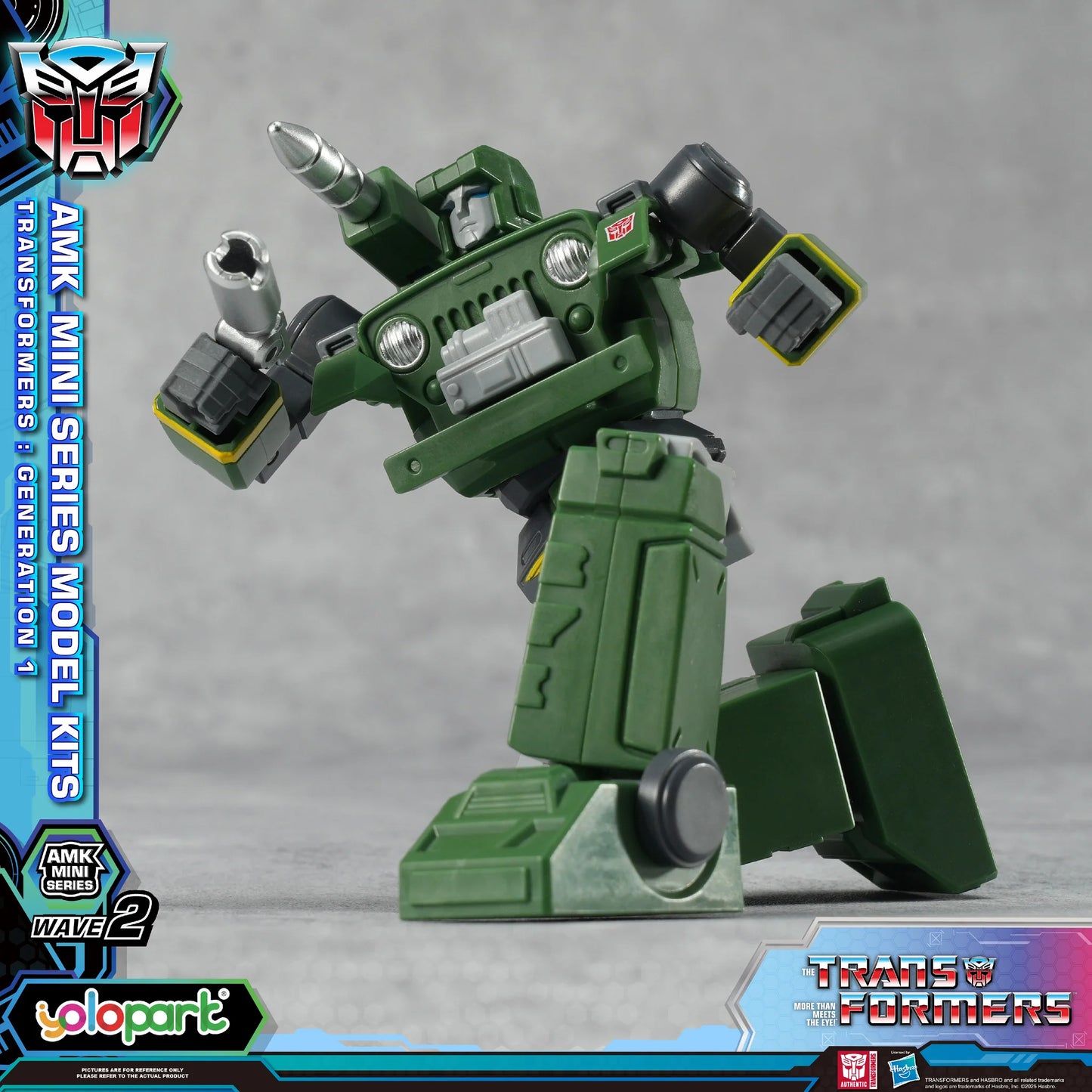 Green robot toy figure with AMK Mini Series branding on a gray background