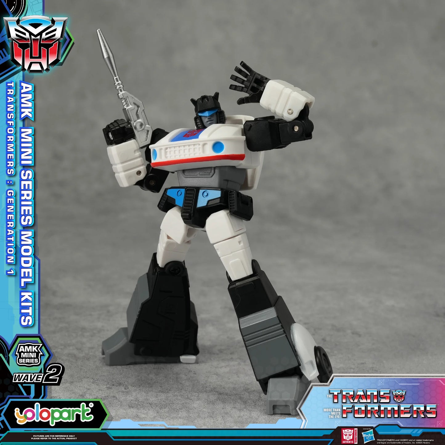 Transformers model kit with branding and product details on a gray background