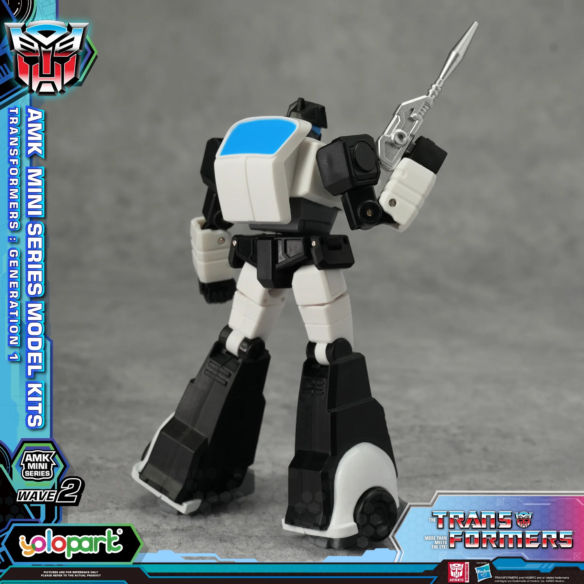 Transformers toy figure with branding and packaging elements on a gray background