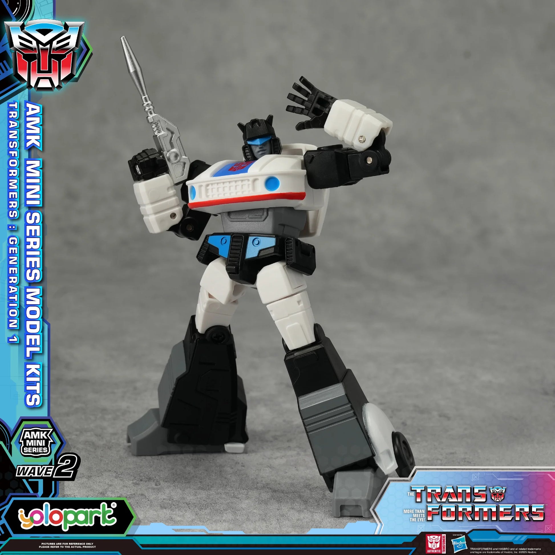 Transformers model kit with branding and product details on a gray background