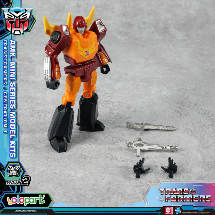 Transformers action figure with tools on a gray background, featuring AMK Mini Series branding.
