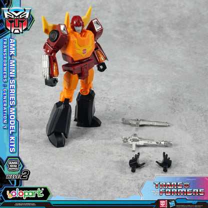 Transformers action figure with tools on a gray background, featuring AMK Mini Series branding.