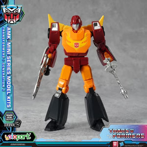Transformers action figure with branding and product details on a gray background