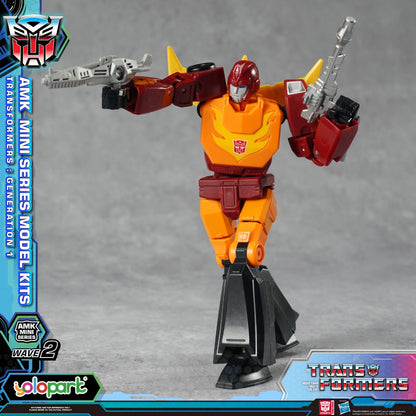 Transformers action figure with red and orange color scheme on a gray background