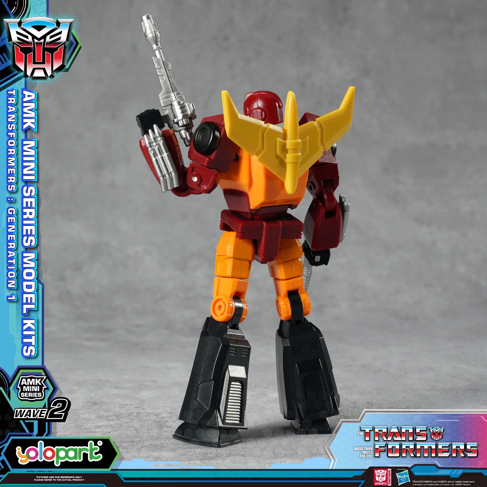 Transformers action figure with branding and product details on a gray background