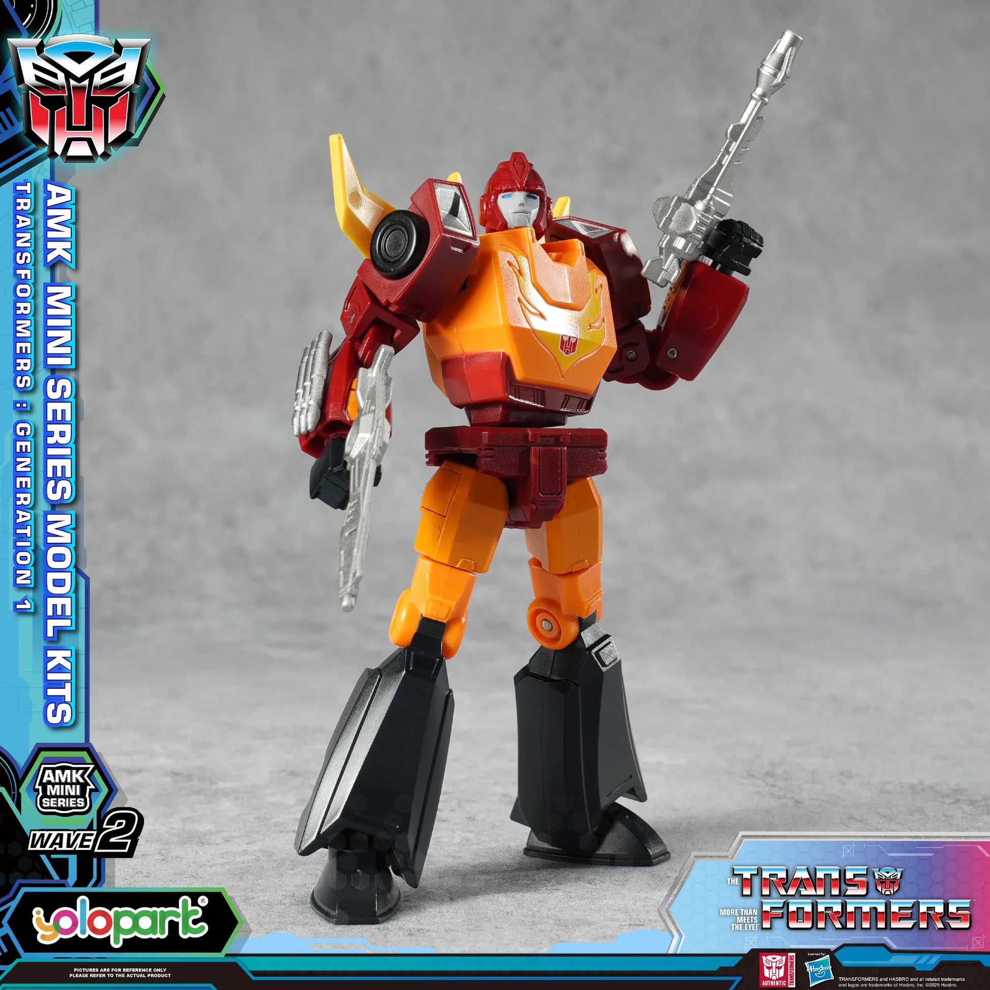 Transformers action figure with red, orange, and black color scheme on a gray background