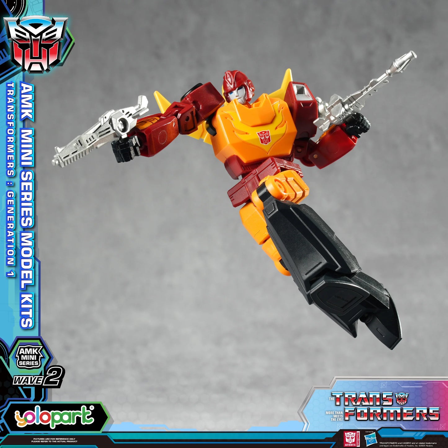Transformers toy figure with red, yellow, and black colors on a gray background