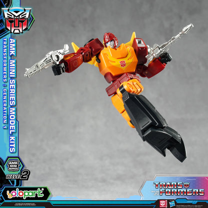 Transformers toy figure with red, yellow, and black colors on a gray background