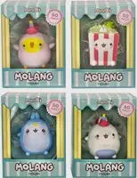 Four packaged plush toys from the brand MOLANG, arranged in a 2x2 grid. The packages feature pastel green and white striped tops and bottoms with pink circular corner badges.