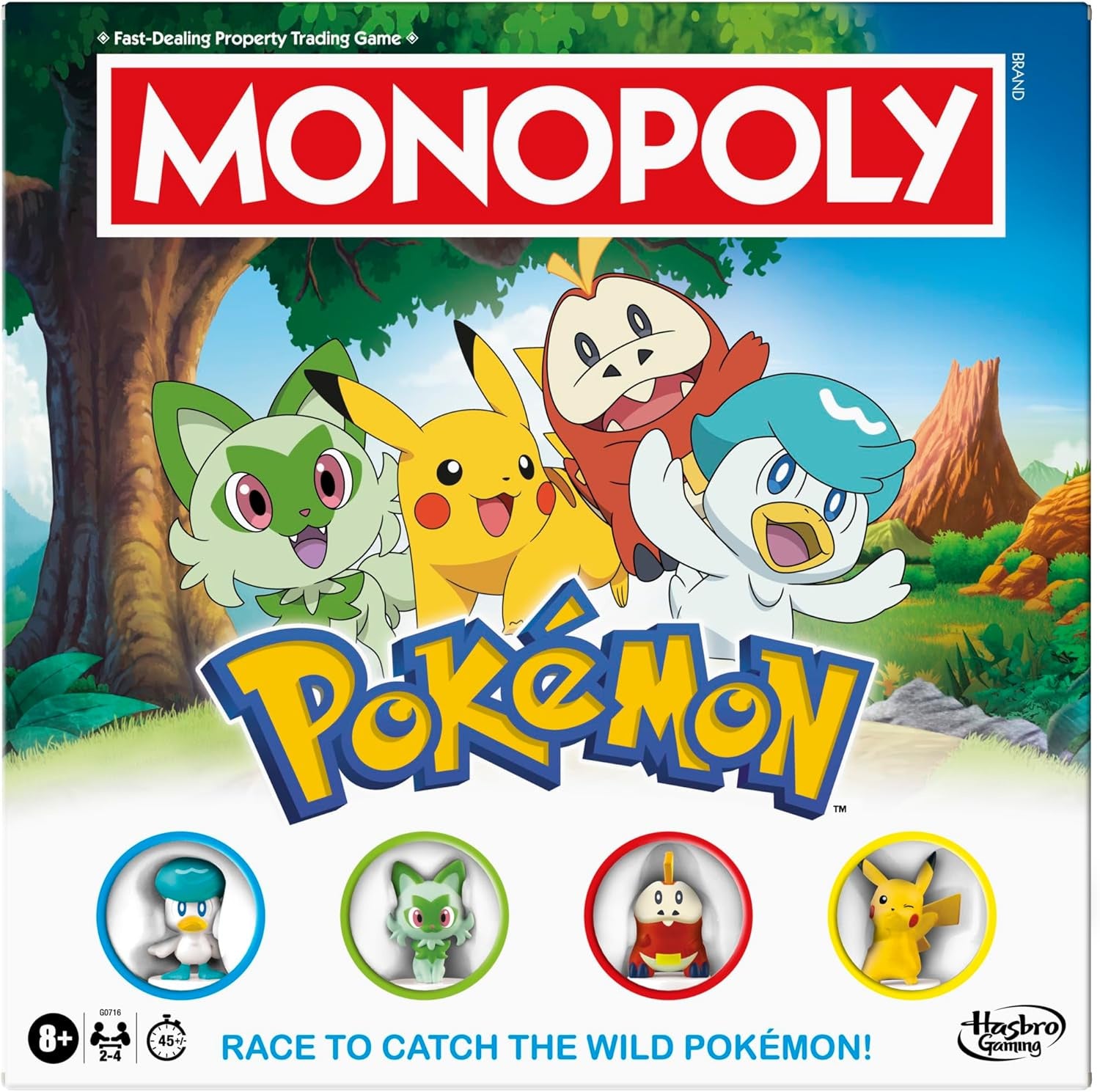 Monopoly Pokémon board game box with cartoon characters and game pieces on a nature-themed background
