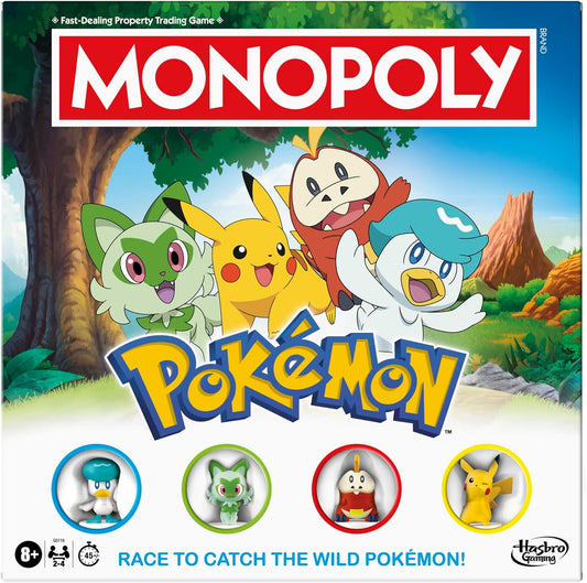 Monopoly Pokémon board game box with cartoon characters and game pieces on a nature-themed background